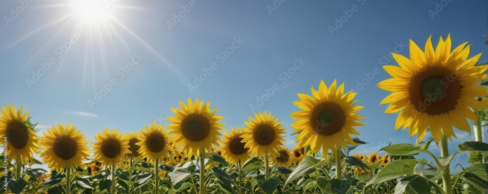 Fototapeta premium Sunlit sunflowers stretching towards clear blue sky, radiating joy , summer, bloom, golden