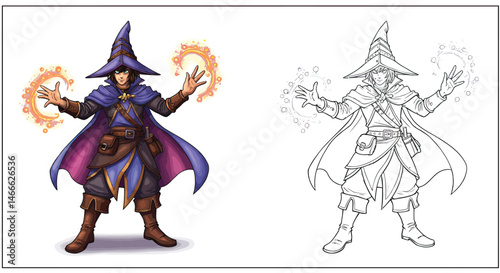 Sorcerer: Illustration of a mysterious sorcerer, captured in a dynamic pose, wielding ethereal energy, ready to cast powerful spells, embodies ancient magic, mystery.