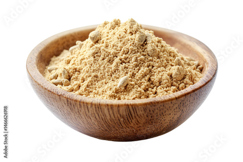 Isolated Maca Powder in Wooden Bowl