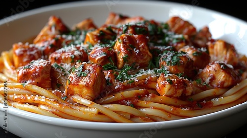 Savory spaghetti with tender chicken in a rich, red tomato sauce, garnished with herbs and cheese. A delicious Italian meal
