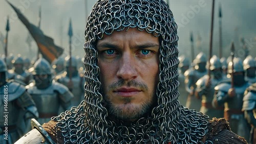 Focused medieval knight in chainmail armor with determined gaze and army lined behind him, ready for battle or crusade