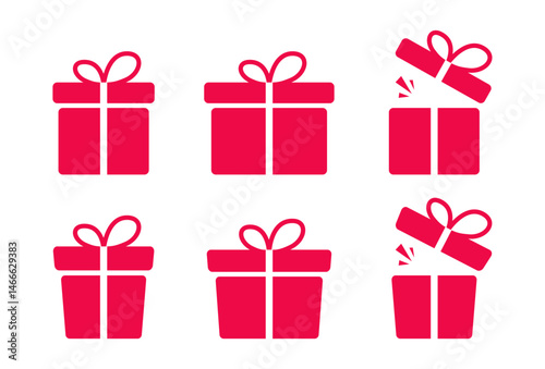 Set of festive gift boxes in red, shown both closed and opened. Perfect for celebration or party themed designs.