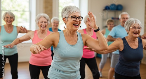 Happy Senior Citizens Enjoying a Fitness Class, Active Retirement, Group Exercise, Health and Wellness