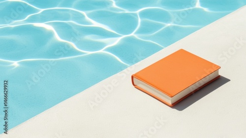 An orange book on a white surface next to a pool.