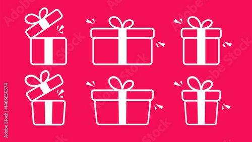 Set of festive gift boxes in red, shown both closed and opened. Perfect for celebration or party themed designs.
