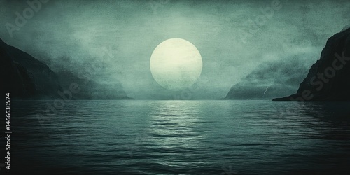 Mystical Moon Serene Lake with Foggy Peaks under Moonlights Glow.