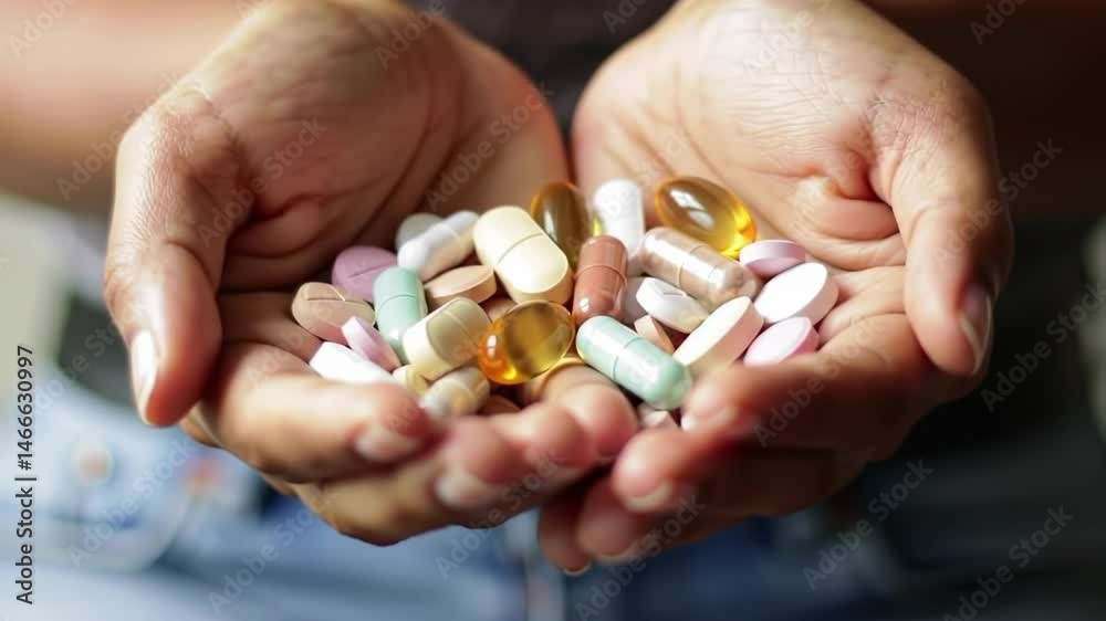 Hands holding assorted pills and capsules, illustrating medication choices and health decisions – concept of healthcare and supplements Hands holding assorted pills and capsules, illustrating medication choices and health decisions – concept of healthcare and supplements
