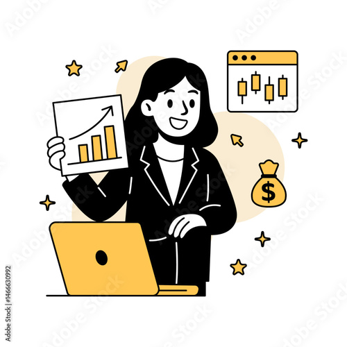 Vector illustration of a businesswoman holding a rising chart beside a laptop, symbolizing successful investment analysis, data presentation, and financial achievement.