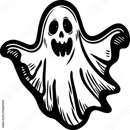 Halloween-themed SVG vector illustration with clean lines. Spooky Ghost with Bats and Grass on White Background
