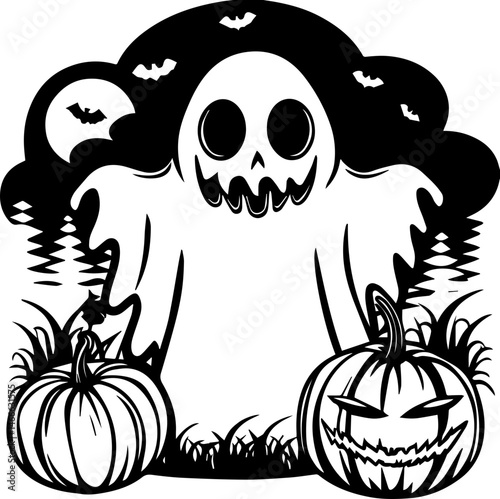 Halloween-themed SVG vector illustration with clean lines. Ghost with Skull in Spooky Atmosphere for Halloween Decor