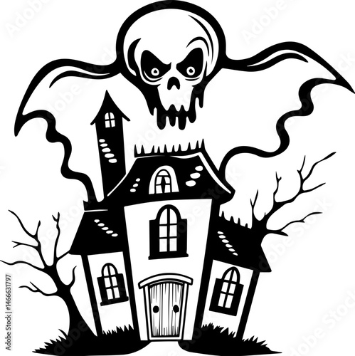 Halloween-themed SVG vector illustration with clean lines. Creepy Halloween Ghost with Skull and Flowing Cloak Design