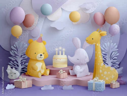Playful birthday celebration with cute animal figures and colorful decorations
