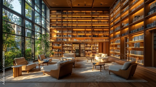 Modern library or bookstore interior with Learning and coworking space,relax zone,Library with rows of bookshelves arranged,school,university,shared desk and chairs,panoramic window.