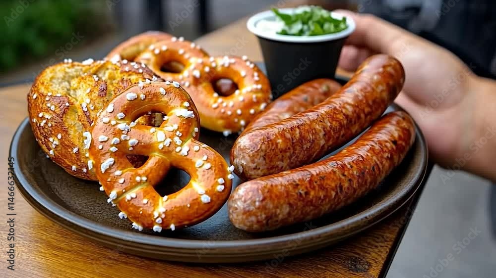 Overhead shot of a dark plate on a wooden table featuring three pretzels and two sausages, accompanied by a black cup of herbs. The food is displayed in a well lit, outdoor setting with blurred