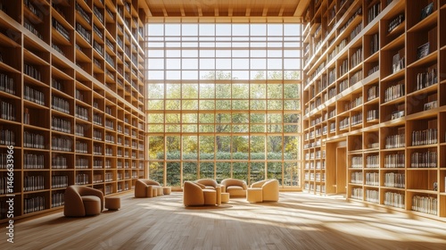 Modern library or bookstore interior with Learning and coworking space,relax zone,Library with rows of bookshelves arranged,school,university,shared desk and chairs,panoramic window.