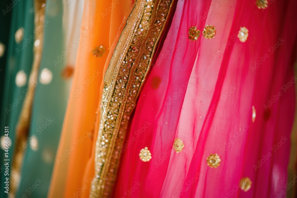 Naklejka premium Close up of colorful sheer fabric with gold trim and embellishments creating a vibrant texture