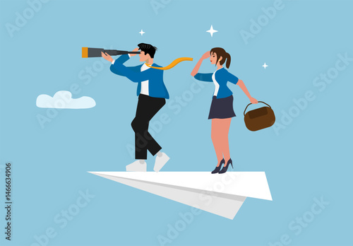 business, vision, future, teamwork, planning, paper plane, telescope, leadership, opportunity, goal, travel, journey, success, mission, concept, innovation, cloud, direction, creative, dream, strategy