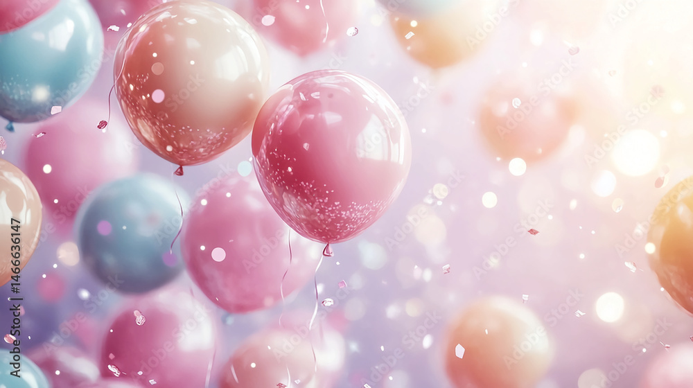 Pastel balloons floating with confetti creating a festive and celebratory atmosphere for a party or event Pastel balloons floating with confetti creating a festive and celebratory atmosphere for a party or event