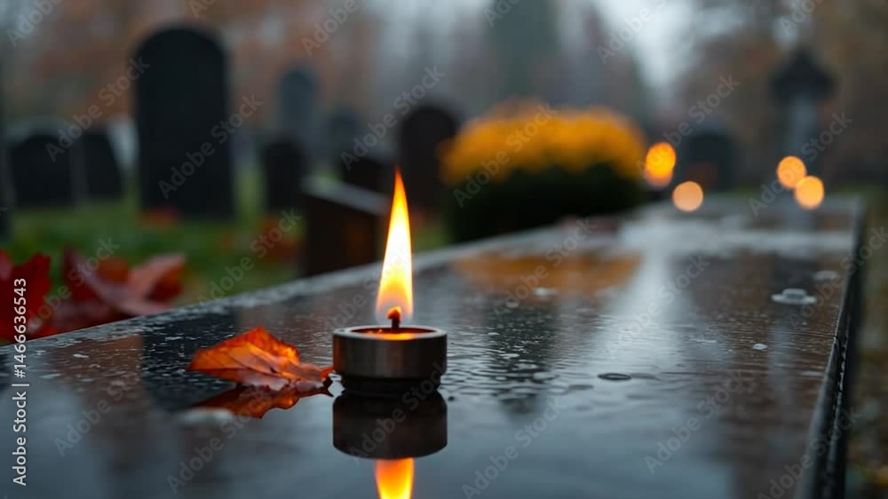 Close up on a candle flame on a wet tombstone with an orange leaf. Background out of focus with tombstones, foliage, and other candle lights. The atmosphere is somber and reflective