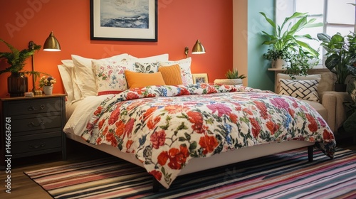 Colorful bedroom with floral bedding