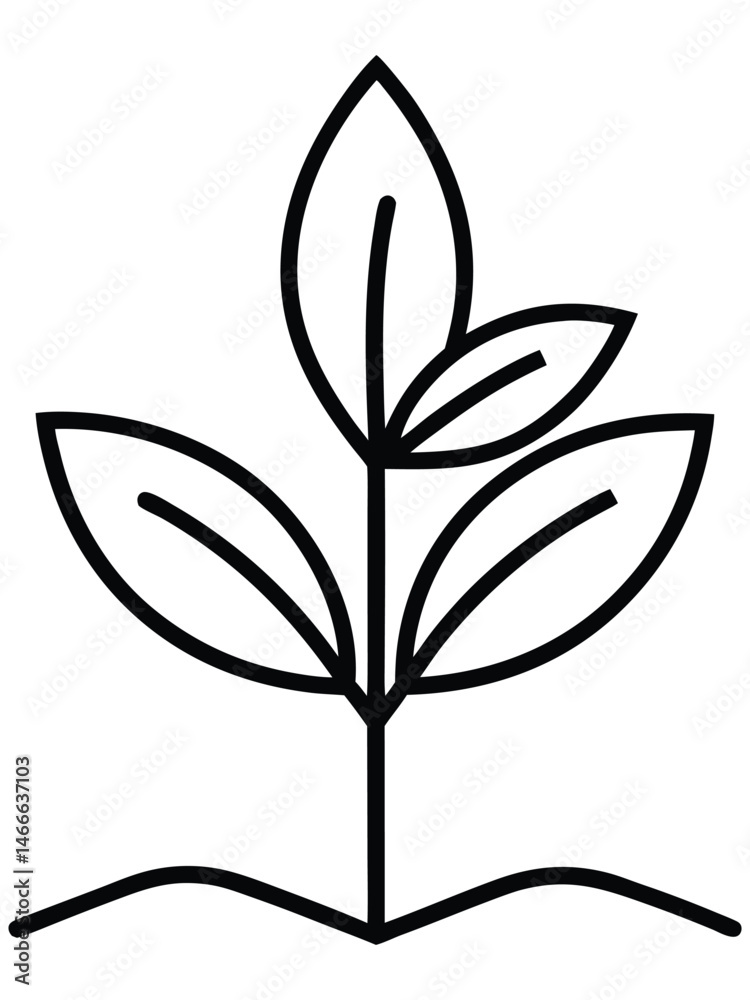 Fototapeta premium Minimalist outline plant icon. Simple vector illustration of a seedling or sprout with four leaves, growing from the ground, in black and white.