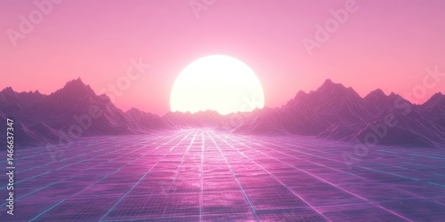 Synthwave Horizon Retro Grid and Mountain Sunset in 80s Style.