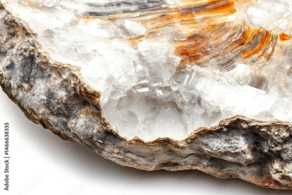 Fototapeta premium A stunning geode featuring striking white crystals nestled within a rugged, multicolored stone matrix.