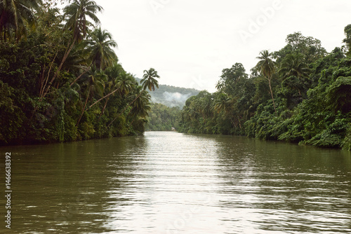 Fototapeta Naklejka Na Ścianę i Meble -  
Bohol, Philippines - December 23, 2024: Cruise ship on the Loboc River is a river in the Bohol province of the Philippines. It is one of the major tourist destinations of Bohol. During heavy rain.
