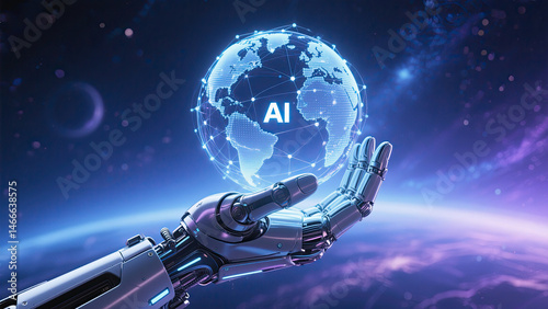 Futuristic robotic hand holding a digital ai globe representing the future of artificial intelligence and technology