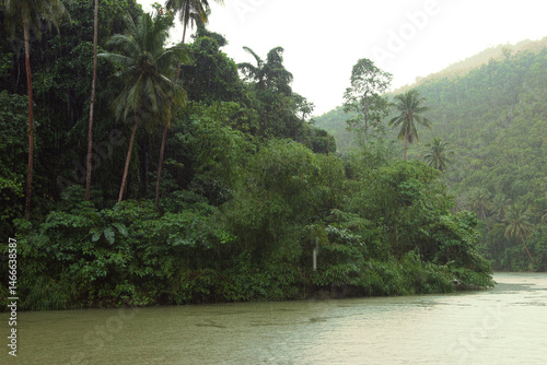 Fototapeta Naklejka Na Ścianę i Meble -  
Bohol, Philippines - December 23, 2024: Cruise ship on the Loboc River is a river in the Bohol province of the Philippines. It is one of the major tourist destinations of Bohol. During heavy rain.
