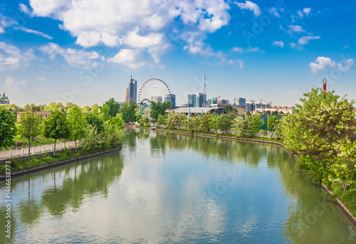 Parks of Tashkent. Spring landscape of a public park. Uzbekistan.