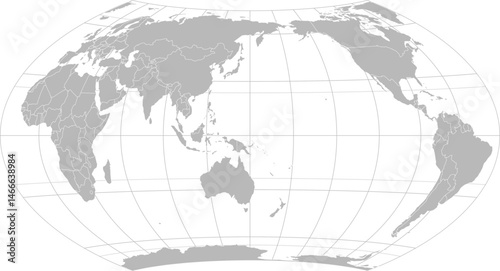 World vector map with country boundaries and graticules in Asia-Pacific view (Wagner VIl projection, PPT-compatible & fully editable)