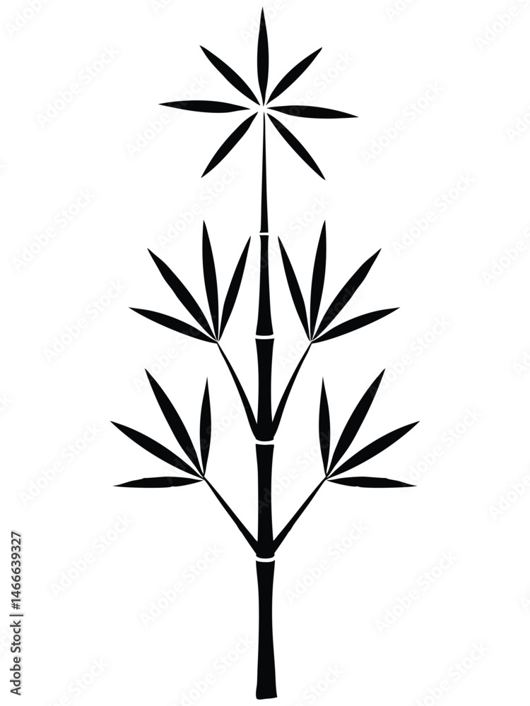 Fototapeta premium Stylized black bamboo plant vector illustration with leaves in a symmetrical arrangement, isolated on a white background.