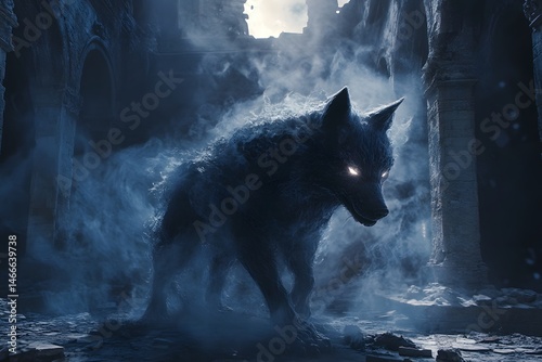 Mysterious werewolf prowling through moonlit ruins