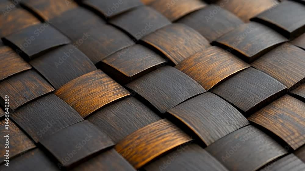 Detailed close up of a woven pattern background with square shaped, interlocking wooden strips in dark brown and copper tones, creating a textured surface with depth and dimension