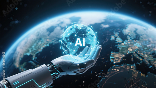 Futuristic robotic hand holding a glowing ai globe over earth depicting artificial intelligence technology