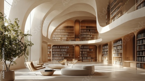 Modern library or bookstore interior with Learning and coworking space,relax zone,Library with rows of bookshelves arranged,school,university,shared desk and chairs,panoramic window.