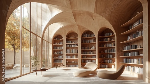 Modern library or bookstore interior with Learning and coworking space,relax zone,Library with rows of bookshelves arranged,school,university,shared desk and chairs,panoramic window.