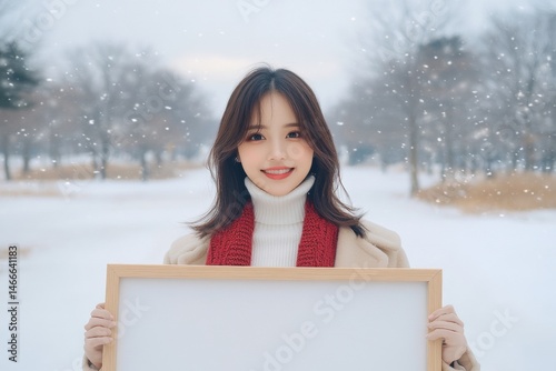 A cheerful, beautiful young Asian woman stands in a wide-open, snowy landscape, holding a large, thin wooden poster frame mockup prominently in front of her. 