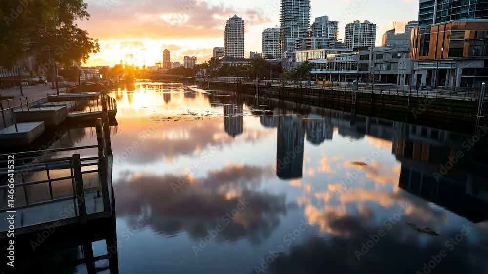 A reflective river scene at sunset captures mirrored generic buildings and a vibrant sky. The water reflects light and clouds, framed by urban architecture and hints of greenery