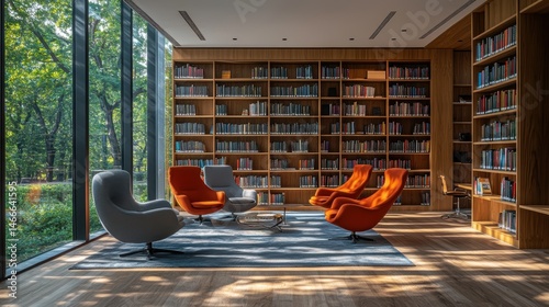 Modern library or bookstore interior with Learning and coworking space,relax zone,Library with rows of bookshelves arranged,school,university,shared desk and chairs,panoramic window.
