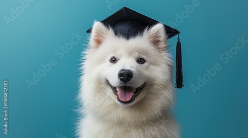 A fluffy, white Samoyed dog poses proudly, wearing a black graduation cap tilted slightly on its head. 