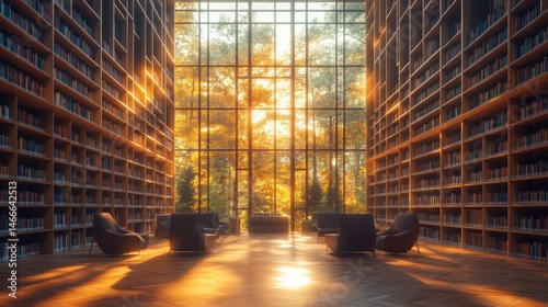 Modern library or bookstore interior with Learning and coworking space,relax zone,Library with rows of bookshelves arranged,school,university,shared desk and chairs,panoramic window.