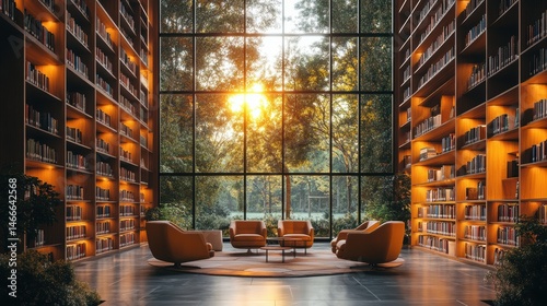 Modern library or bookstore interior with Learning and coworking space,relax zone,Library with rows of bookshelves arranged,school,university,shared desk and chairs,panoramic window.