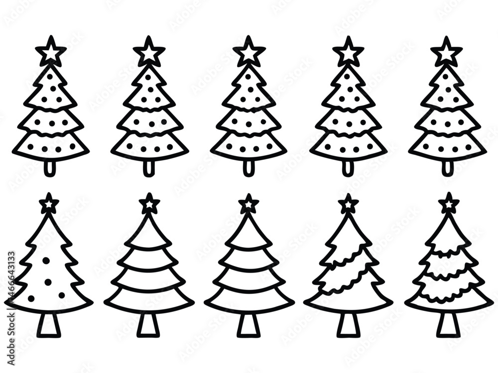 Obraz premium Christmas tree outline icon collection. Includes ten different decorated fir tree symbols with stars and ornaments. Created in black and white line art style.