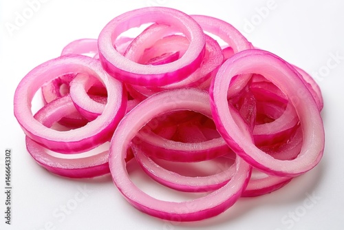 A high realistic pile onions with Sliced red onion rings on a white background
