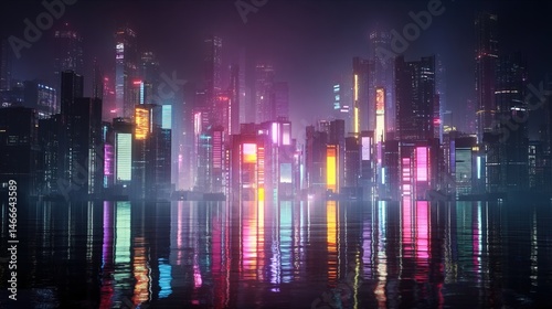 Retrofuturistic cityscape illuminated by neon lights