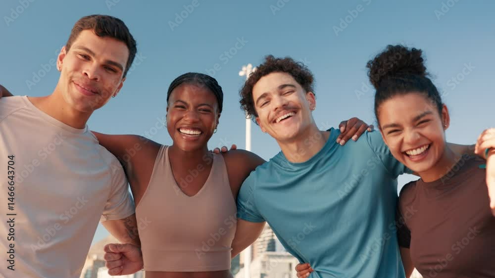 Happy people, fitness and hug with team in city for community, health or wellness together. Portrait, active group or huddle with smile in unity or embrace for trust or support in an urban town