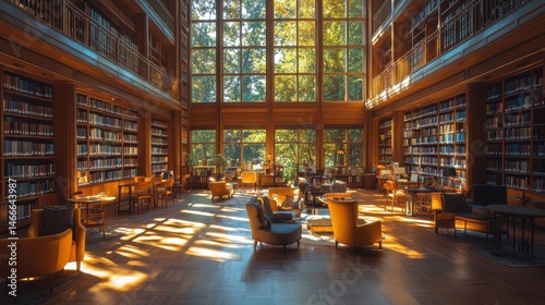 Modern library or bookstore interior with Learning and coworking space,relax zone,Library with rows of bookshelves arranged,school,university,shared desk and chairs,panoramic window.