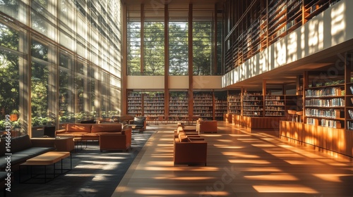 Modern library or bookstore interior with Learning and coworking space,relax zone,Library with rows of bookshelves arranged,school,university,shared desk and chairs,panoramic window.